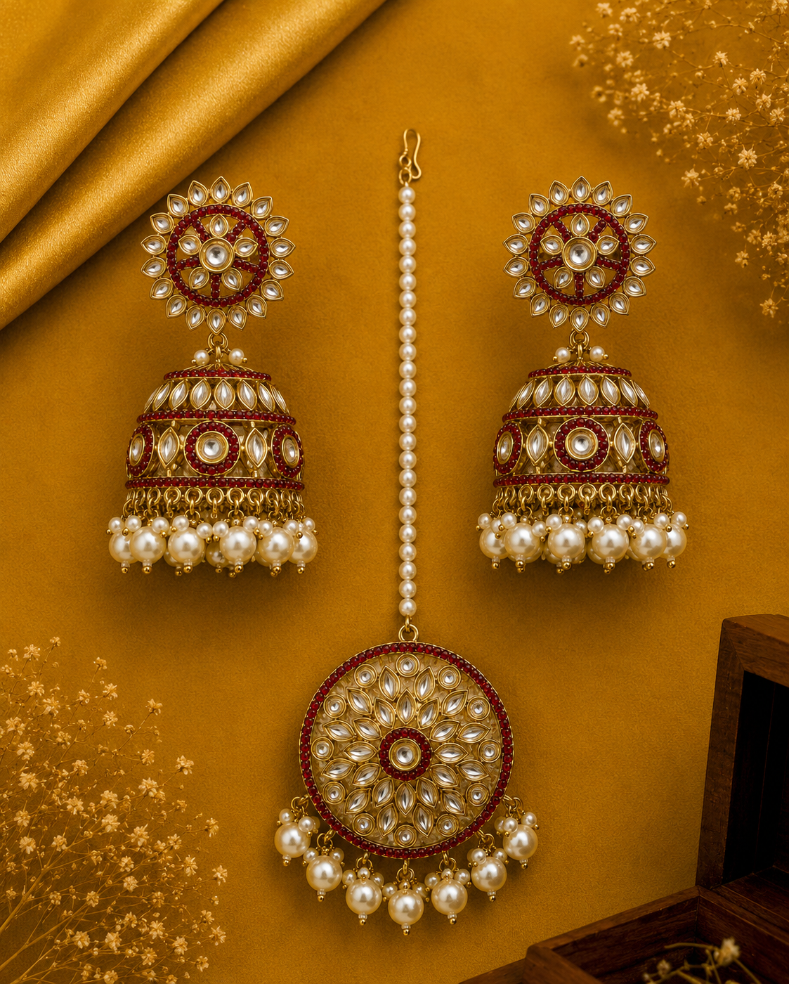 Traditional Pakistani Kundan Jhumki with Maang Tikka Set